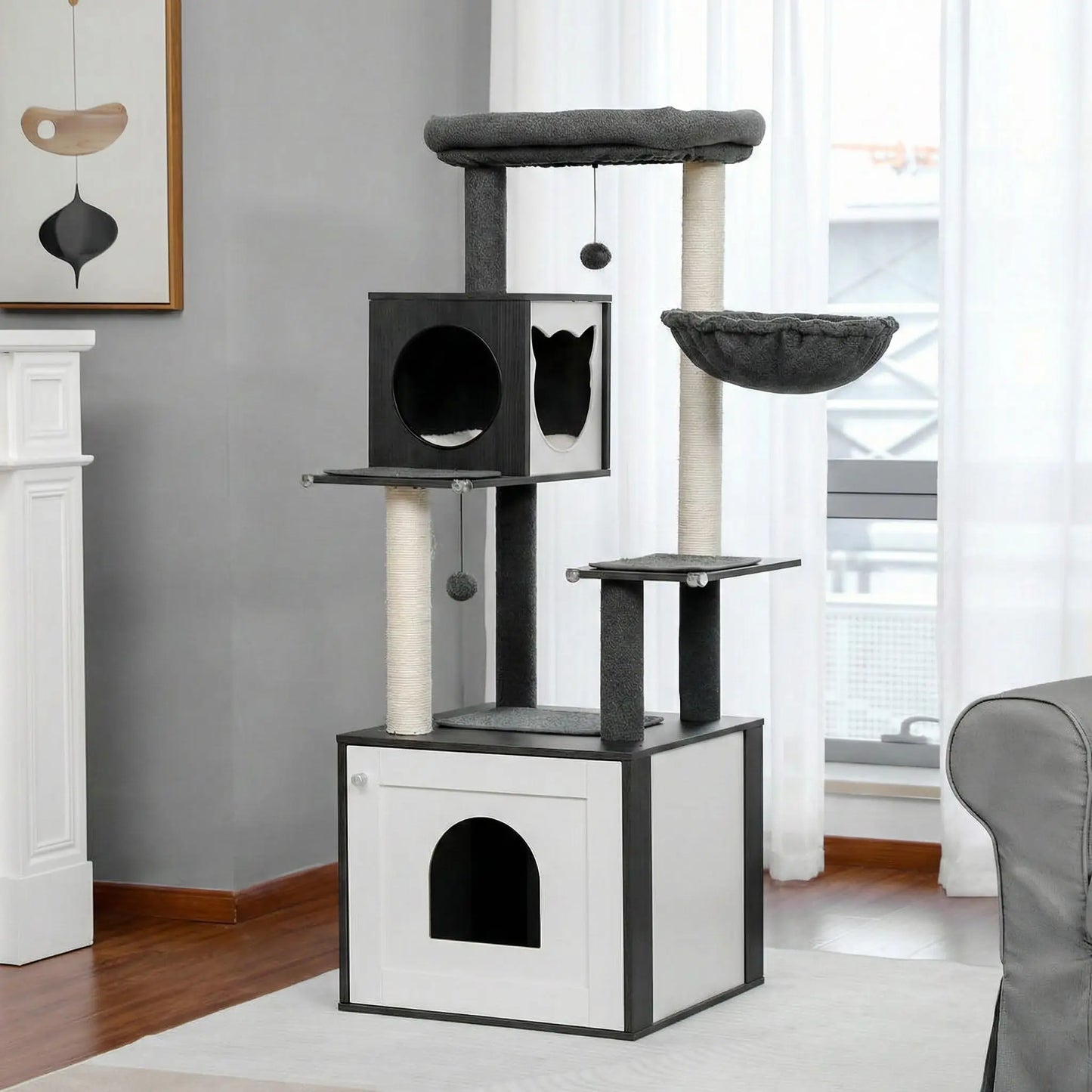 arbre a chat en bois gris avec armoire de rangement