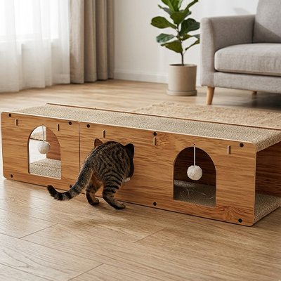 chat qui decouvre son nouveau griffoir chat dans sa maison
