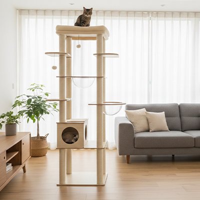chat qui observe son territoire sur le haut de sa plateforme de cet arbre a chat en bois