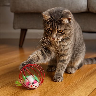 Chat stimule par son jouet pour chat balle rouge