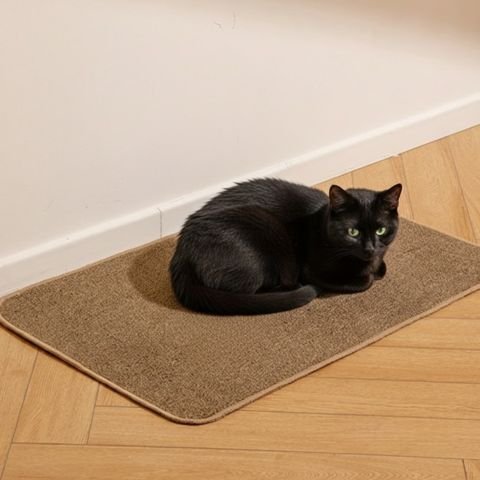 Chat sur son nouveau tapis griffoir chat beige