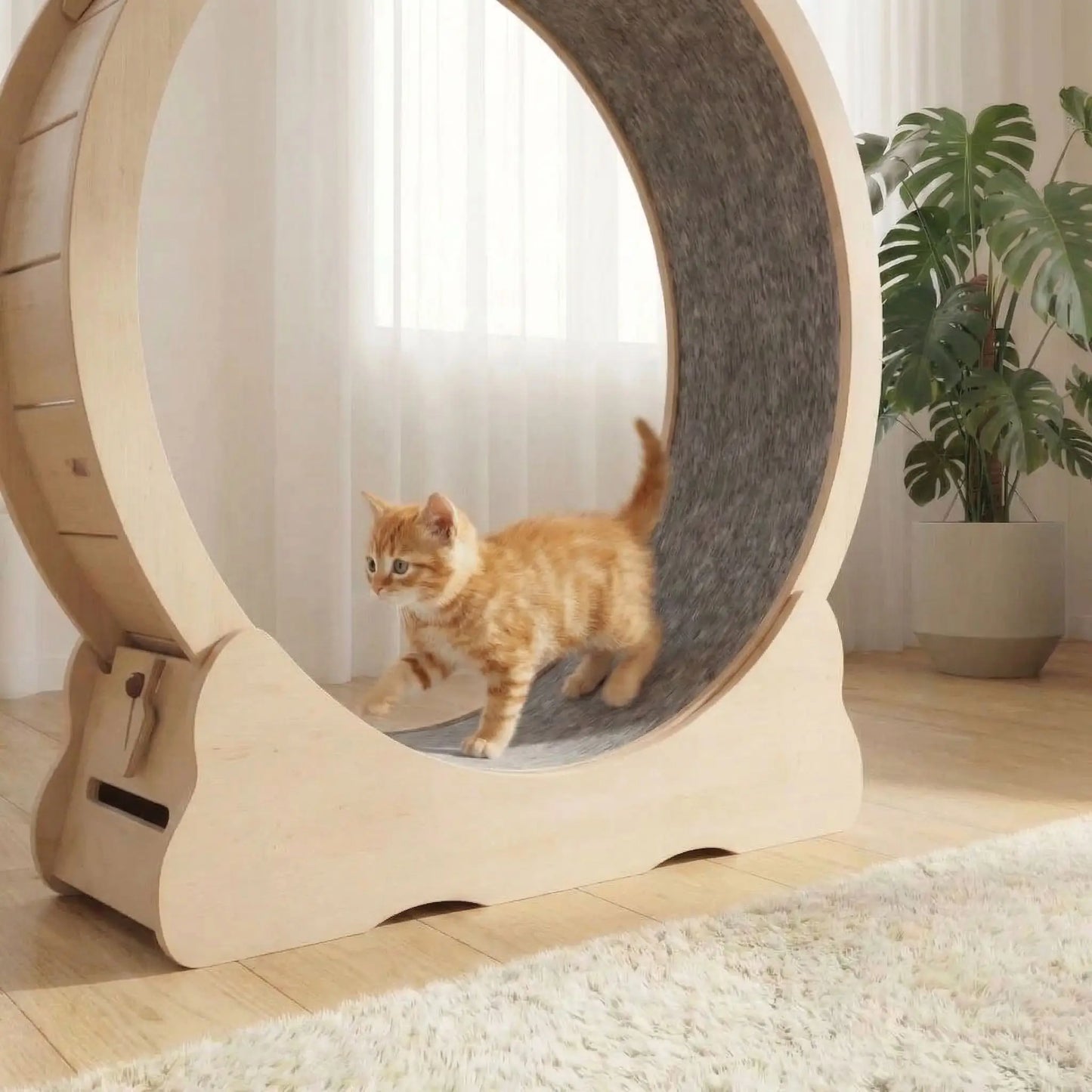 chaton roux qui court sur sa nouvelle roue chat