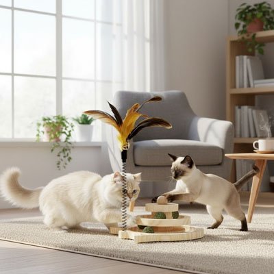 Chats jouant ensemble aux balles de leur jouet pour chat