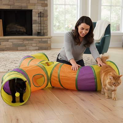 femme qui joue avec ses chats dans son salon grace au tunnel chat