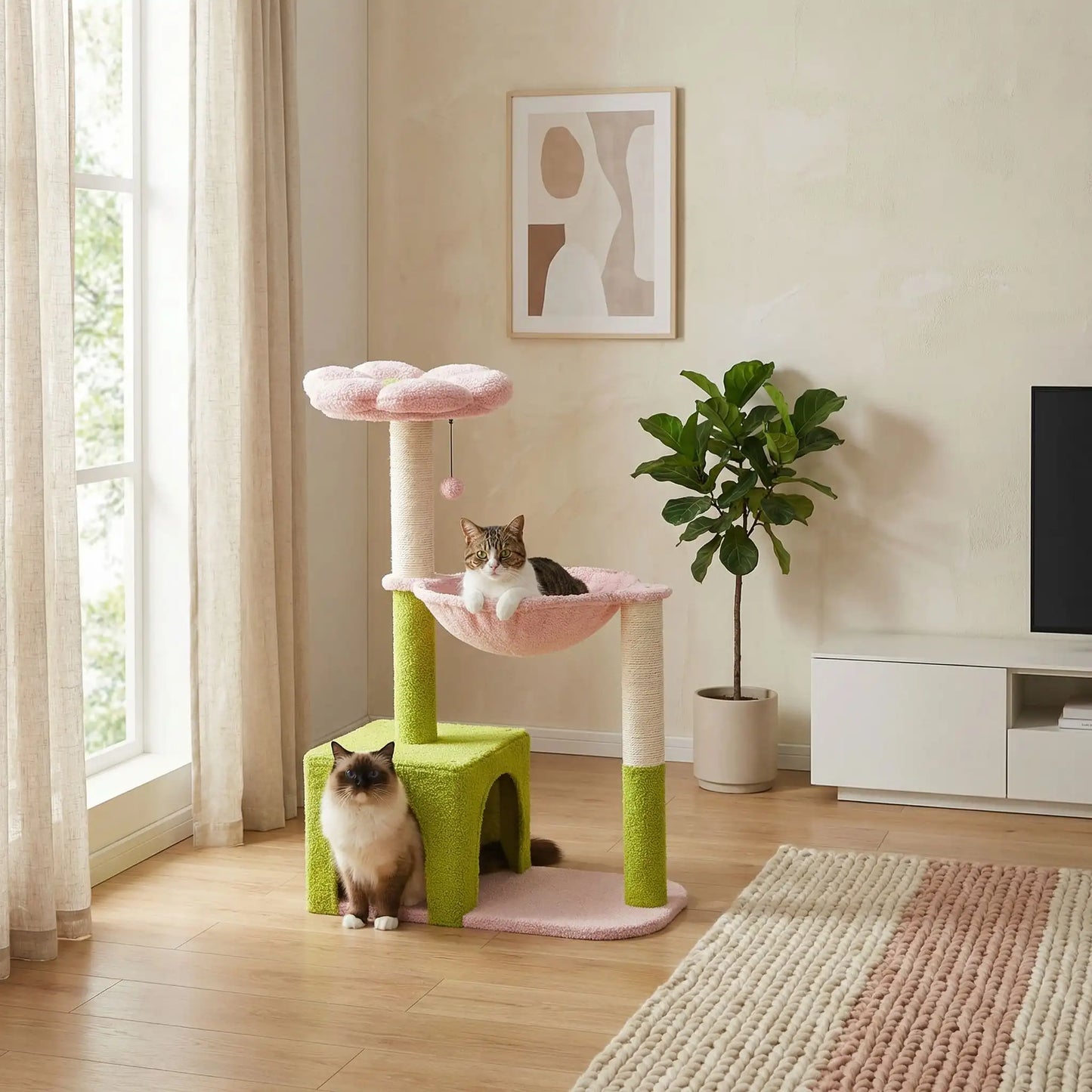 arbre a chat avec plateforme superieure en fleur rose tout doux