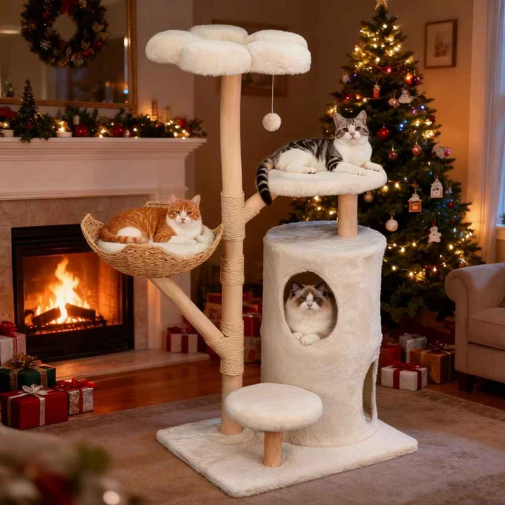 arbre a chat bois avec plateforme en hauteur fleur
