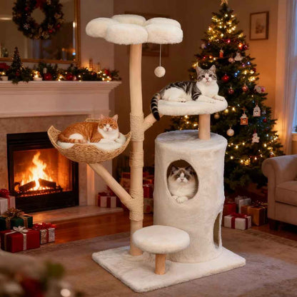 arbre a chat bois avec plateforme en hauteur fleur