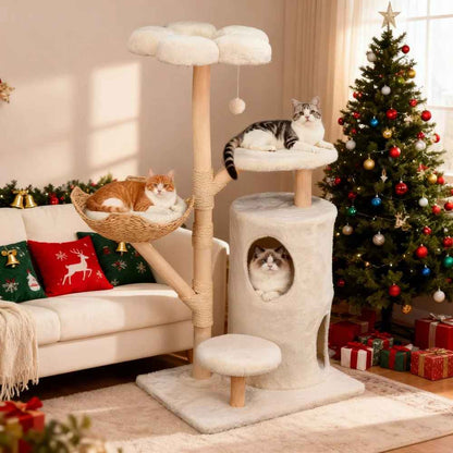 arbre a chat bois massif avec corde en sisal