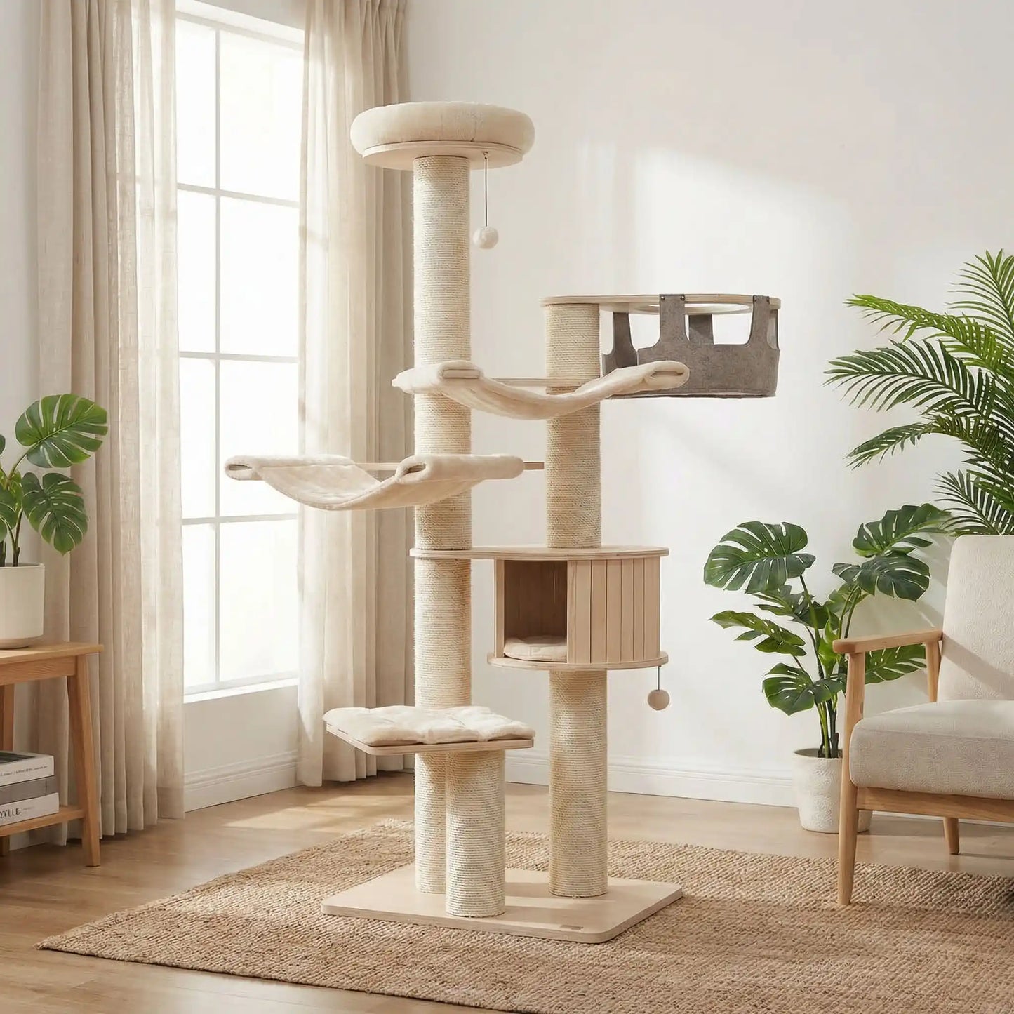 arbre a chat bois xxl beige a griffoirs en sisal