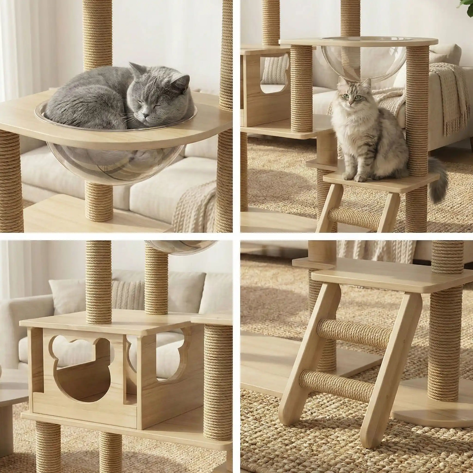 arbre a chat en bois avec griffoirs en sisal