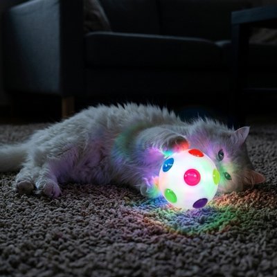chat allonge avec sa nouvelle balle pour chat lumineuse