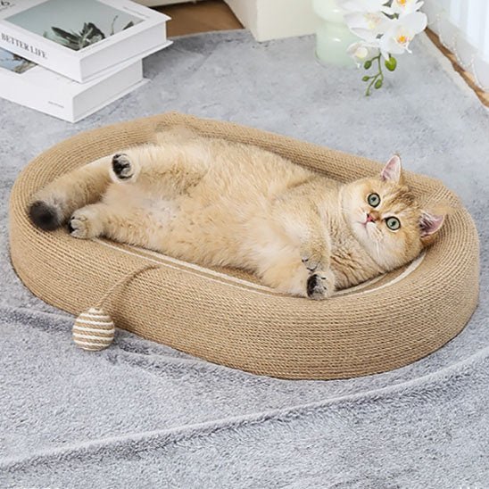 Chat allonge sur son nouveau griffoir pour chat