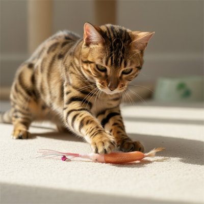 chat bengal qui attrape son jouet pour chat orange vif