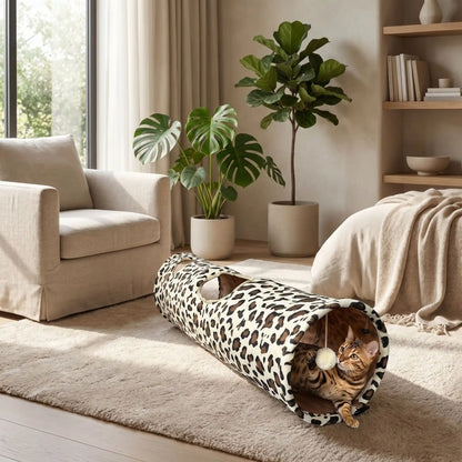 chat bengal qui joue avec la balle suspendue de son tunnel pour chat leopard