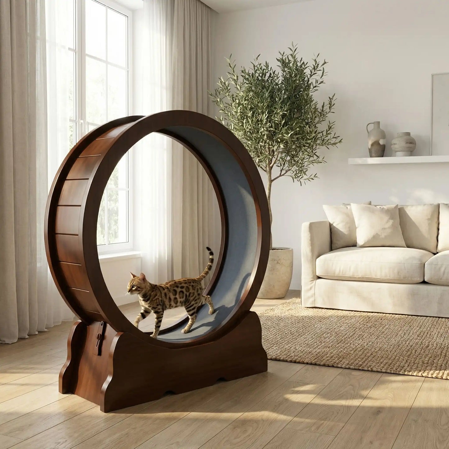 chat bengal qui se depense sur sa nouvelle roue pour chat