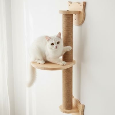 chat blanc assis en hauteur grace a son arbre a chat mural