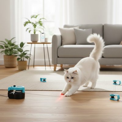 Chat blanc epanoui avec son jouet pour chat