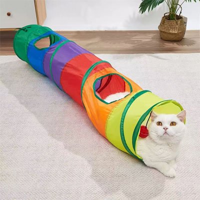 chat blanc installe dans son tunnel pour chat aux differentes ouvertures
