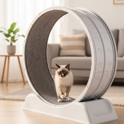 chat blanc qui fait ses griffes sur sa roue pour chat