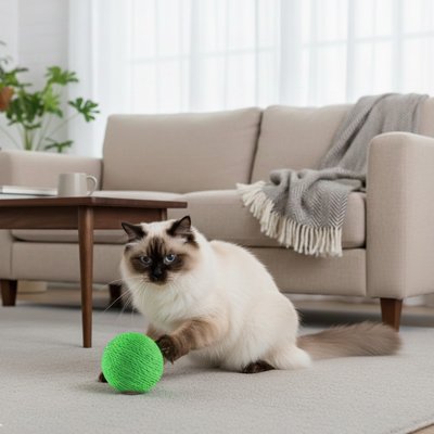 chat blanc qui joue avec sa nouvelle balle chat en sisal verte
