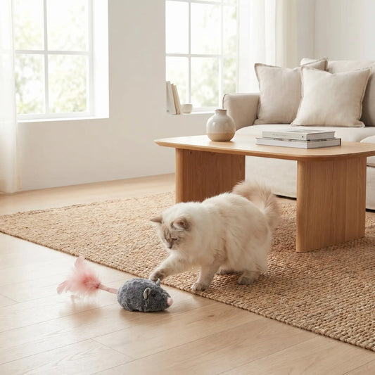 chat blanc qui joue avec sa souris pour chat a queue en plume rose