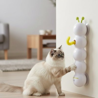 chat blanc qui joue avec son jouet chat interactif dans sa maison