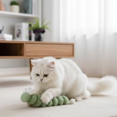 chat blanc qui joue avec son jouet pour chat chenille douce