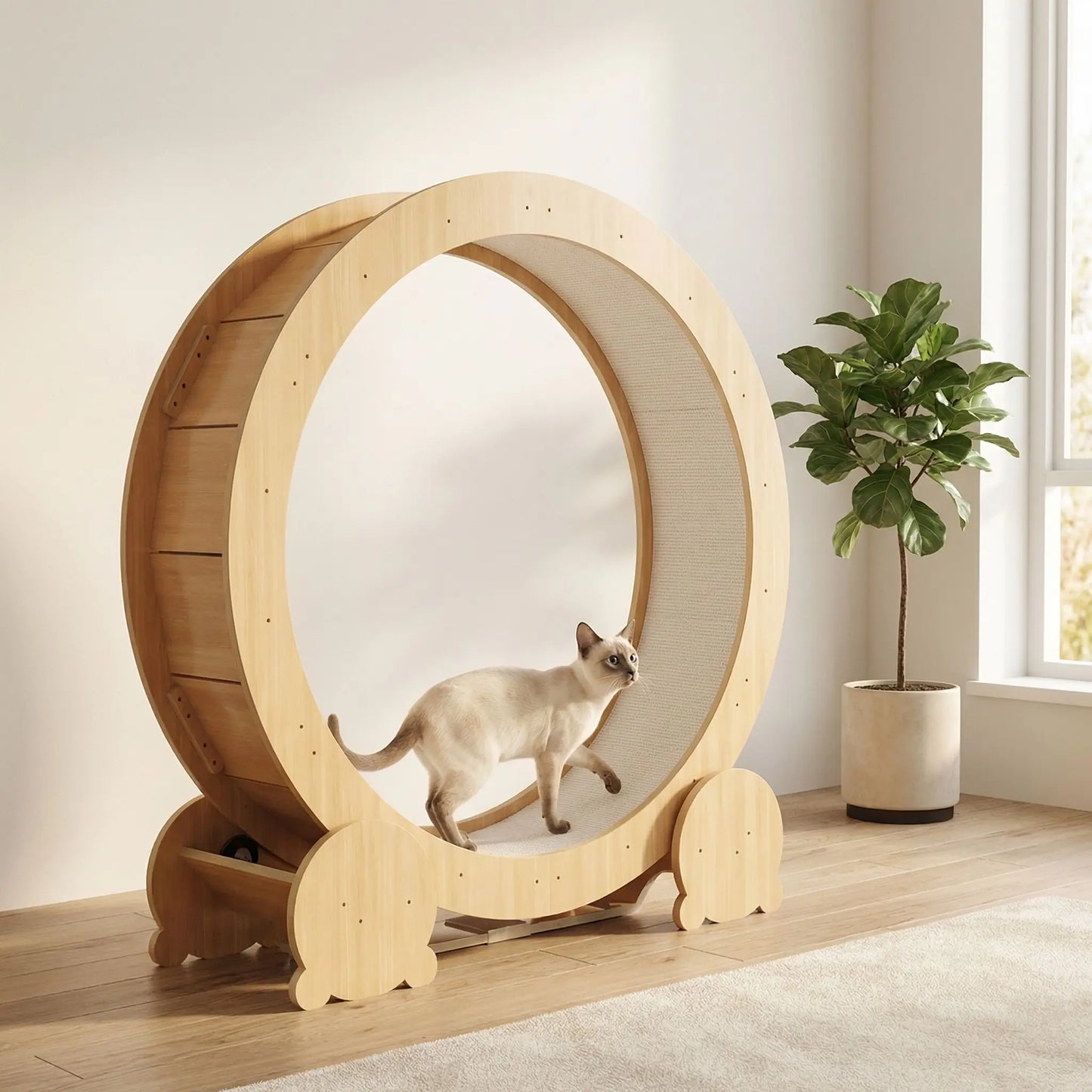 chat blanc qui arche sur sa nouvelle roue chat en bois