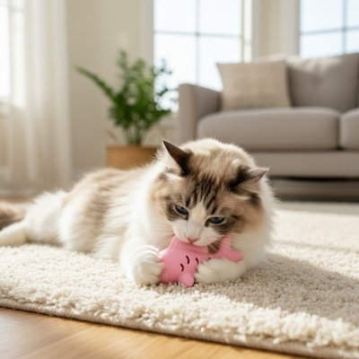 chat blanc qui mordille son nouveau jeu pour chat rose