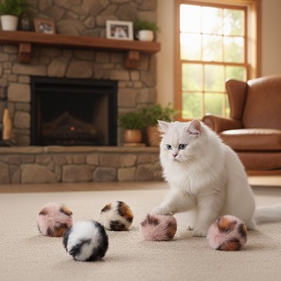 chat blanc qui observe ses nouvelles balle pour chat