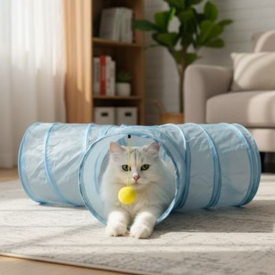 chat blanc qui se repose dans son tunnel pour chat en tissu