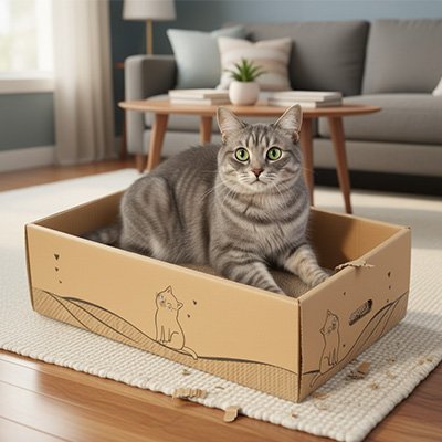 Chat dans son nouveau griffoir chat carton