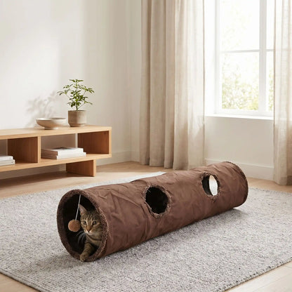 chat dans son tunnel chat marron douillet