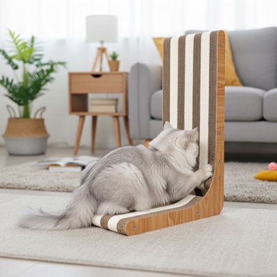 Chat grattant son nouveau griffoir chat tranquillement