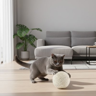 chat gris qui attrape sa balle chat blanche