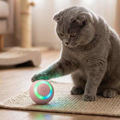 chat gris qui decouvre sa nouvelle balle interactive rose