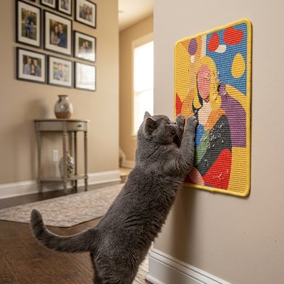 chat gris qui fait ses griffes sur le tapis griffoir chat au mur