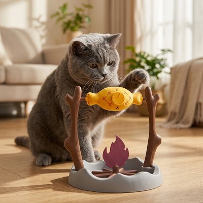 chat gris qui joue avec son nouveau jouet pour chat rotatif