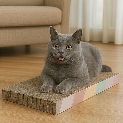 Chat gris sur son griffoir en carton pour chat