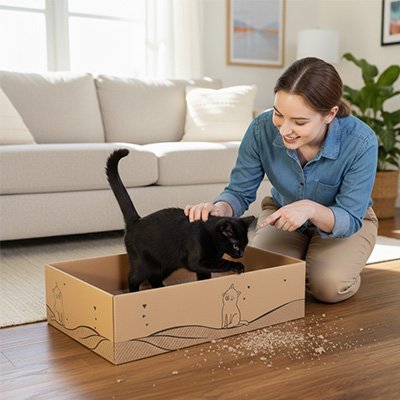 Chat heureux avec sa maitresse qui lui montre son griffoir chat carton