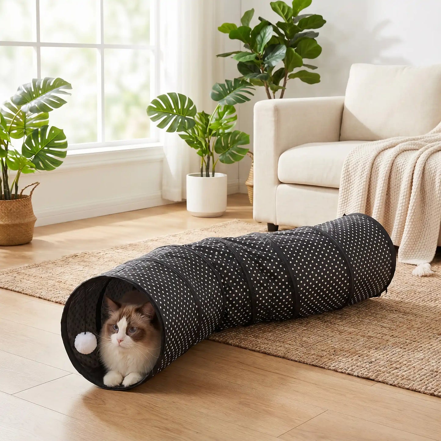 chat installe dans son tunnel chat avec balle blanche suspendue