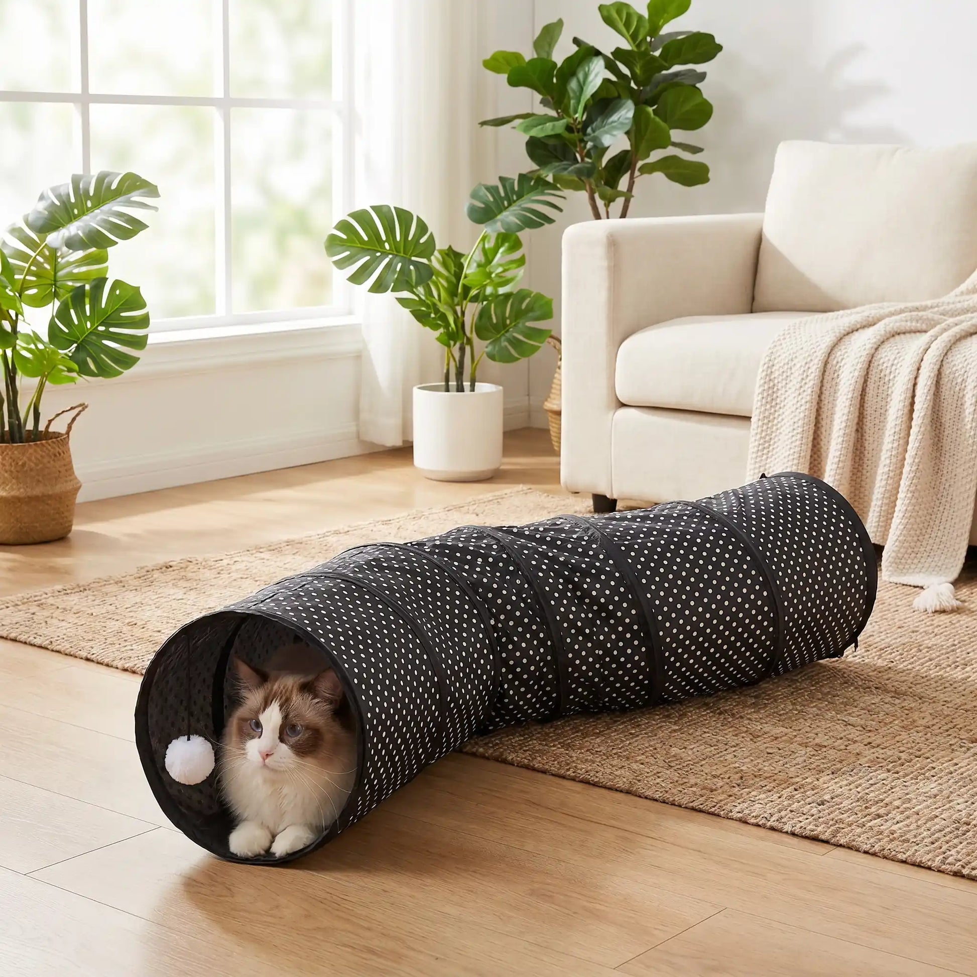 chat installe dans son tunnel chat avec balle blanche suspendue