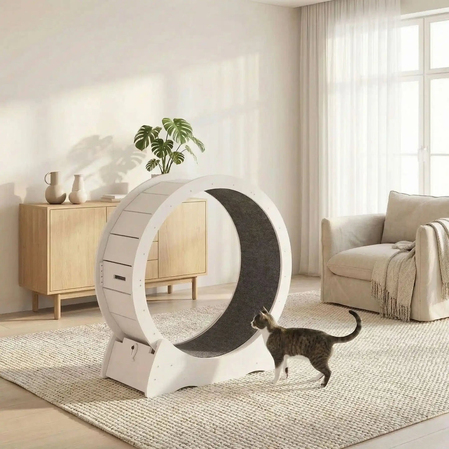 chat intrigue par la nouvelle roue pour chat dans sa maison