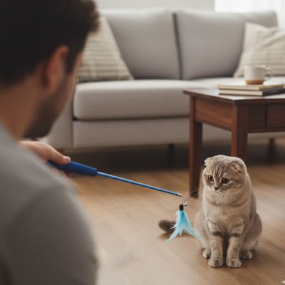 chat intrigue par son nouveau jeu pour chat bleu