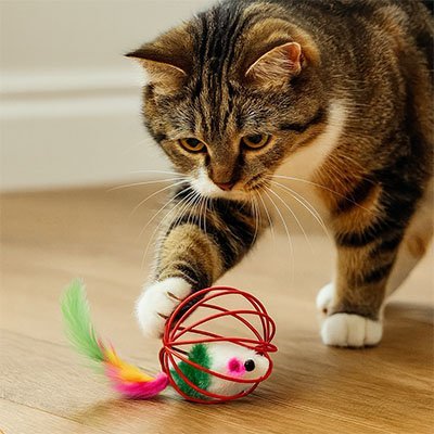 Chat intrigue par son nouveau jouet pour chat