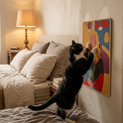 chat noir en seance de grattage grace a son tapis griffoir chat