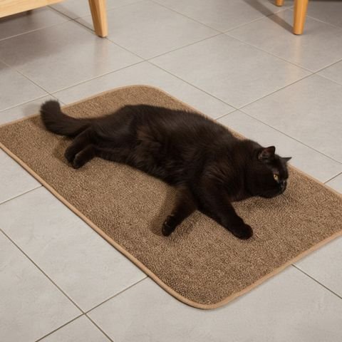 Chat noir en train de se reposer sur son tapis griffoir chat