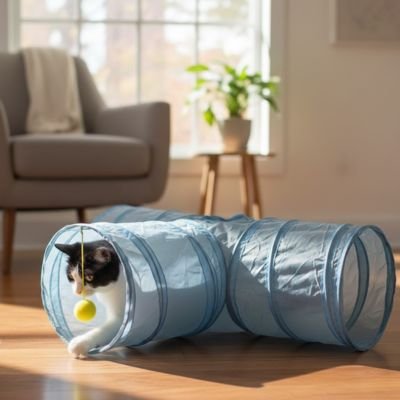 chat noir et blanc qui decouvre son nouveau tunnel pour chat bleu