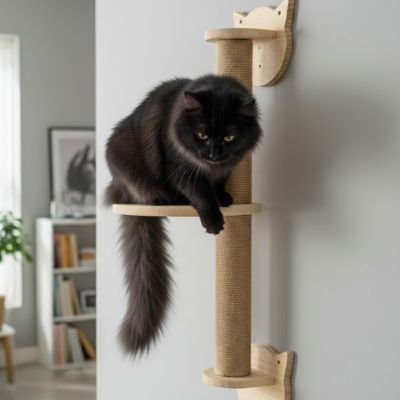 chat noir installe sur la plateforme de son arbre a chat mural