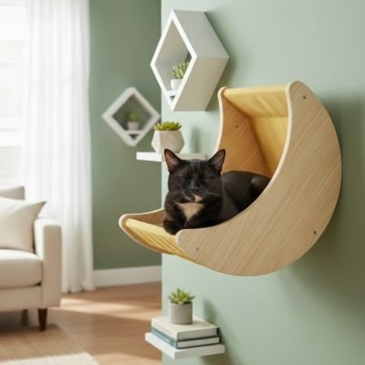 chat noir qui dort dans son arbre a chat mural a coussin douillet jaune